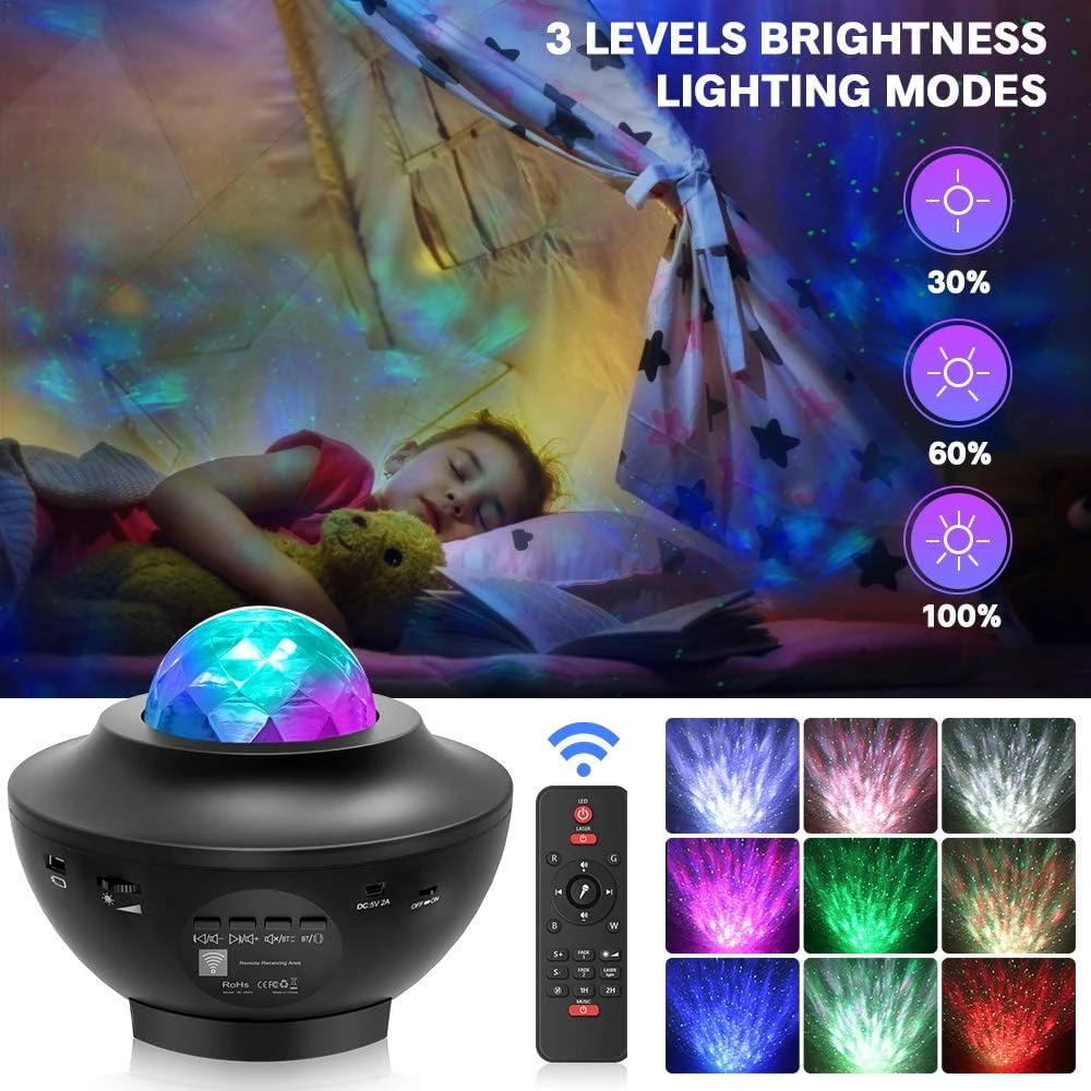 Projecteur de veilleuse avec télécommande, projecteur d'étoiles Eicaus 2 en 1 avec nuage de nébuleuse LED, projecteur de vagues océaniques mobiles pour enfant, bébé, haut-parleur de musique intégré, commande vocale, multifonction (noir)