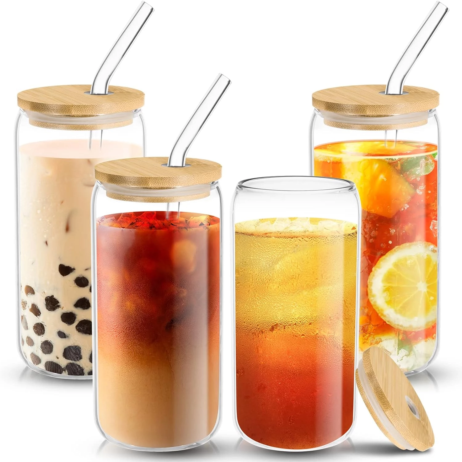 tasses en verre avec couvercles en bambou et paille en verre, verres à boire en forme de canette de 453,6 g, verres à bière, café glacé, gobelet, idéal pour smoothie, thé Boba, whisky, eau