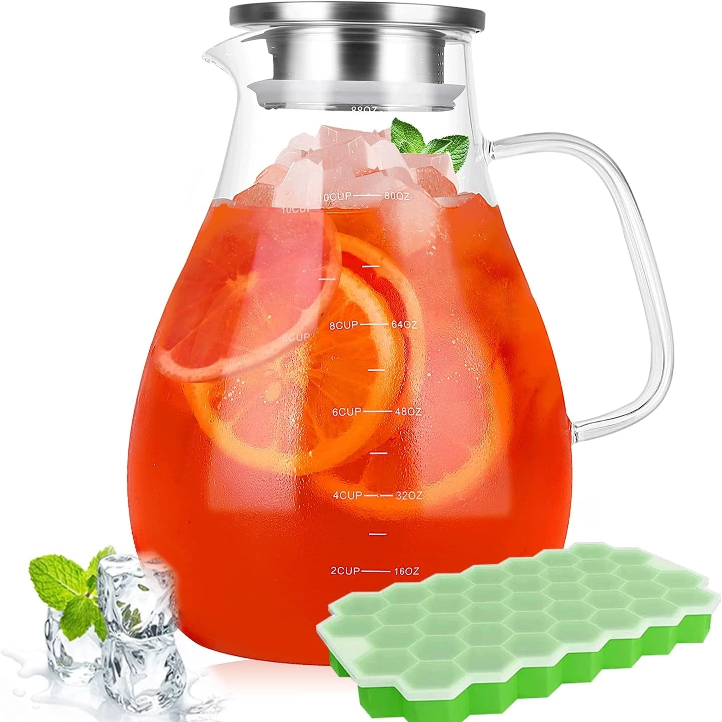 Pichet en verre – Pichet à eau 880Z avec couvercle et bec verseur – Plateau à glaçons – Carafe à thé glacé – Lait Fruits Fruits Limonade Boisson pour congélateur – Design précis