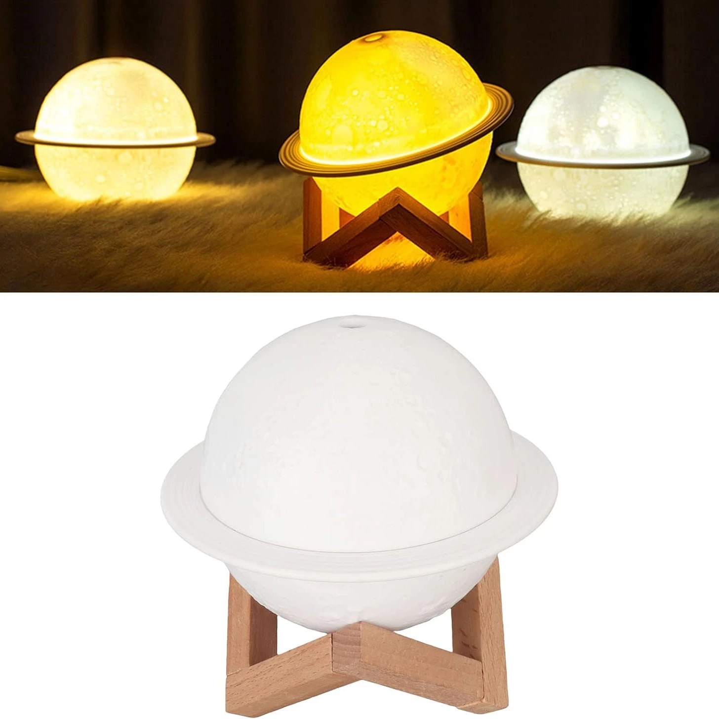 Moon Lamp Night Light, USB Rechargeable Mini Planete Humidificateur d'air LED Lampe, Support En Bois Gratuit Home Decor Cadeau De Noël Pour les Amis